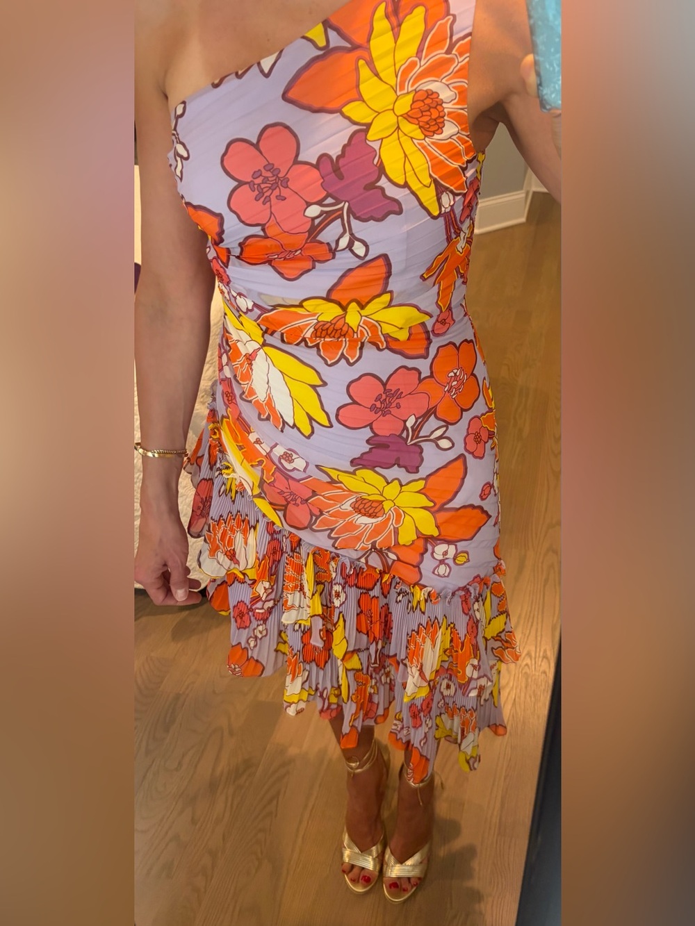 Emanuel Ungaro Lavender Floral Shift Dress with Orange & Yellow Accents